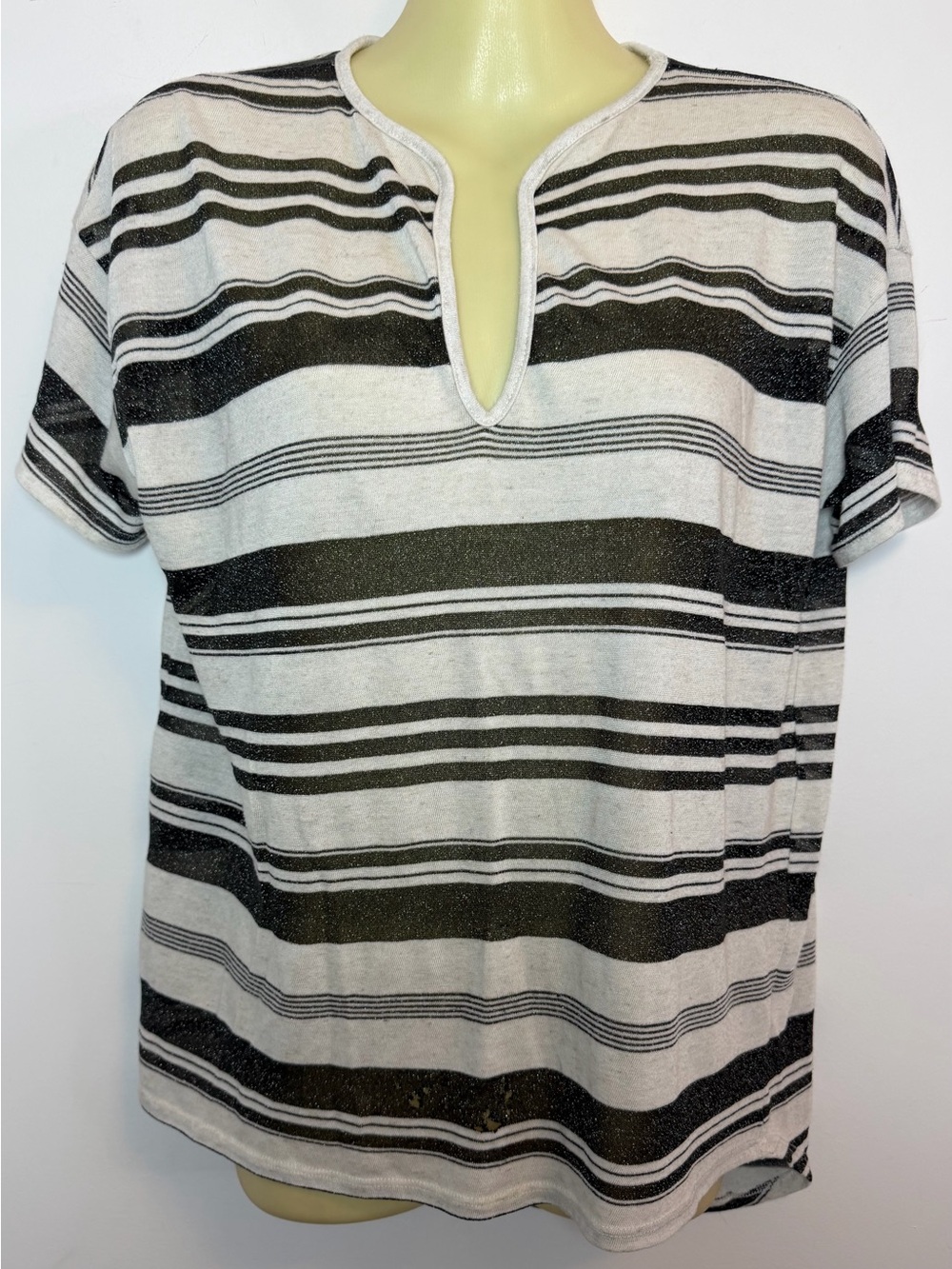 L'AGENCE Black & White Striped Short Sleeve Split-Neck Tee